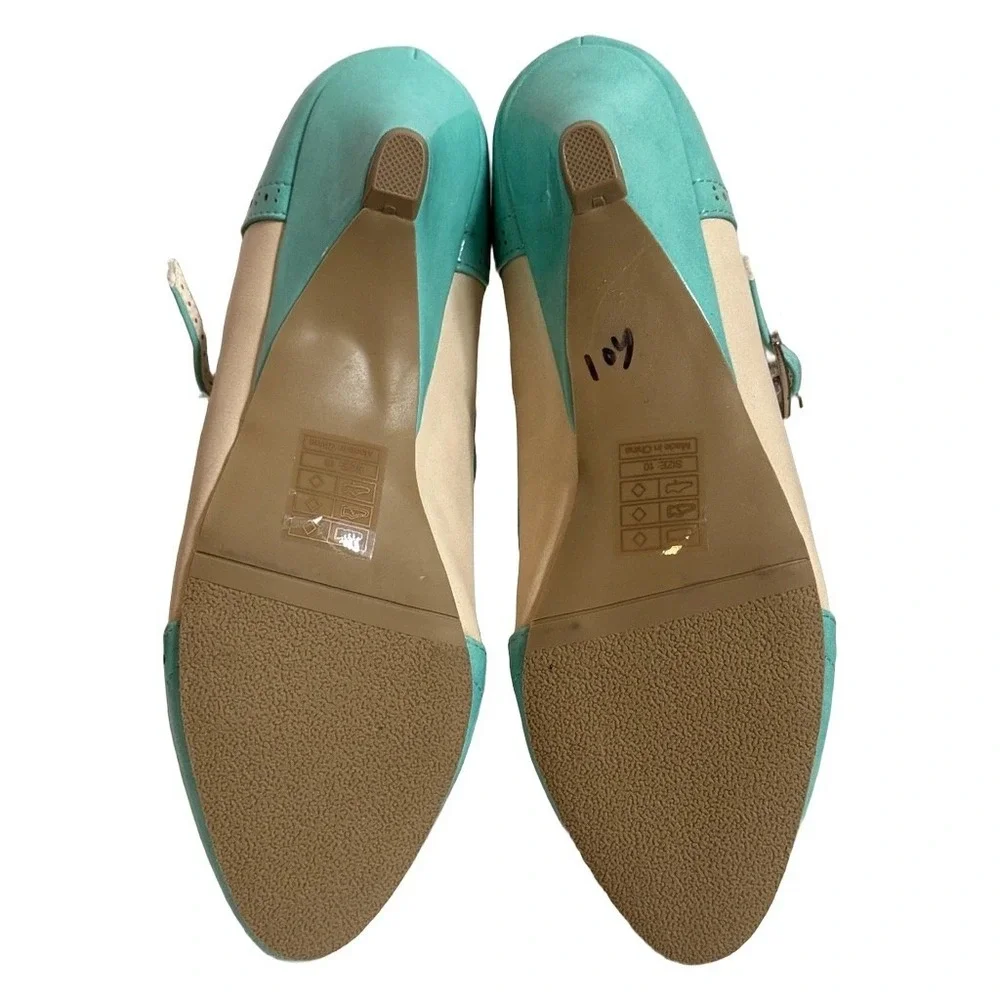 Retro Rockabilly BAIT Teal Mint Cream Wingtip T-Strap Pumps Size 10 Pin-up Retro